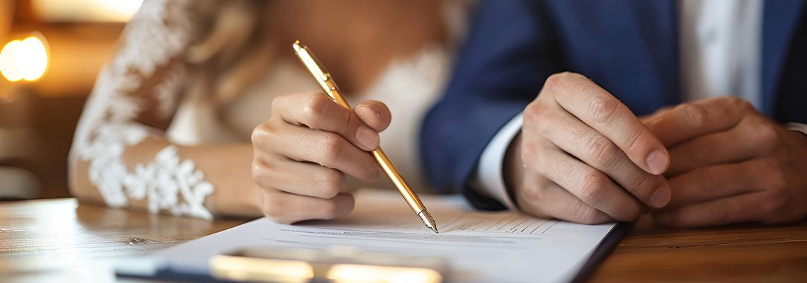 Spouses signing prenuptial agreement